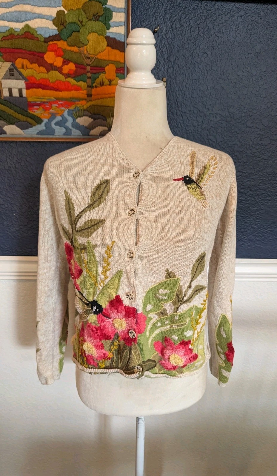 VTG Susan Bristol Sweater Hand Embroidered Hummingbird Cardigan Floral Sz Medium