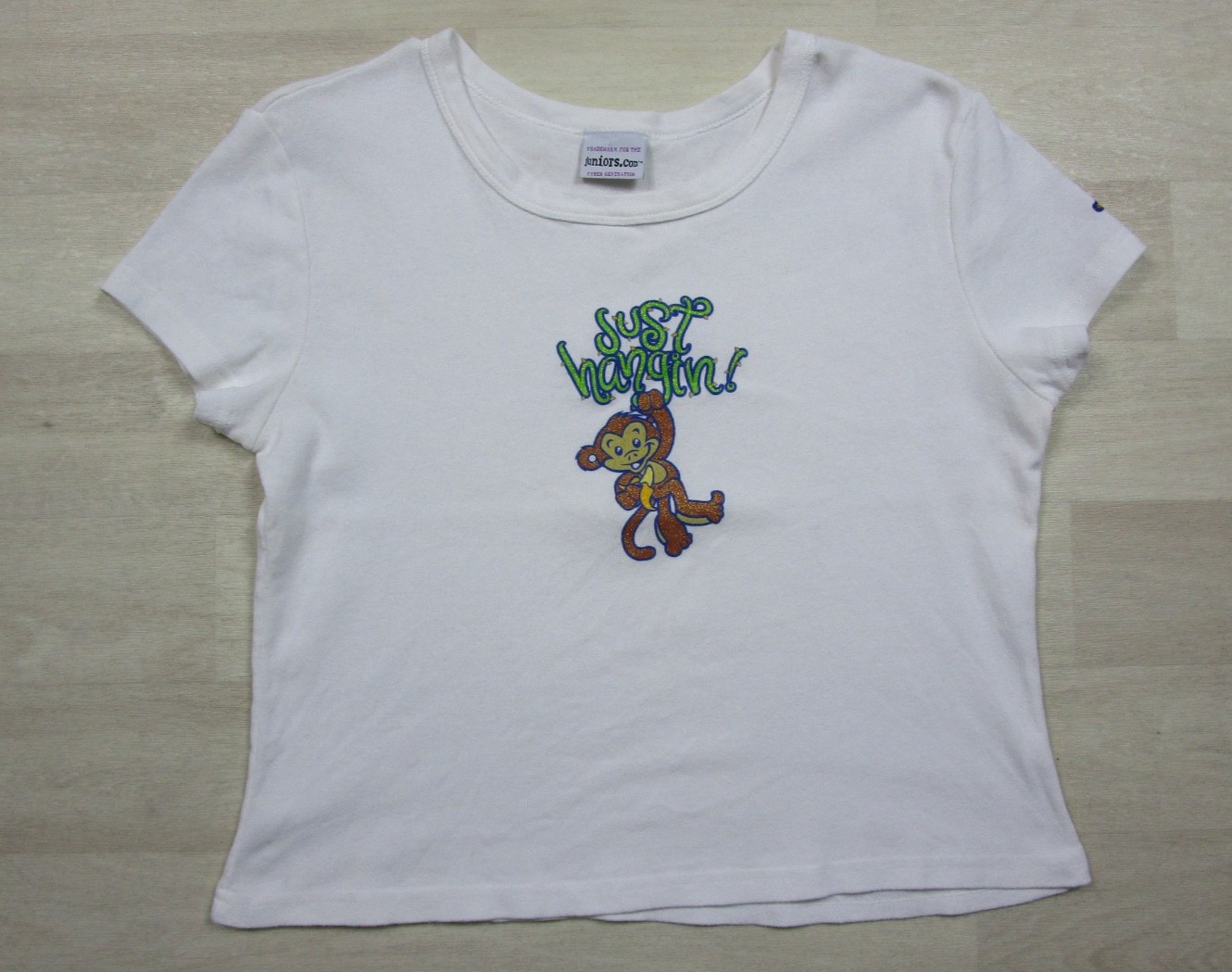 Vintage Y2K Monkey Glitter T-Shirt (M/L) Baby Tee Just Hangin Cyber E-Girl 2000s
