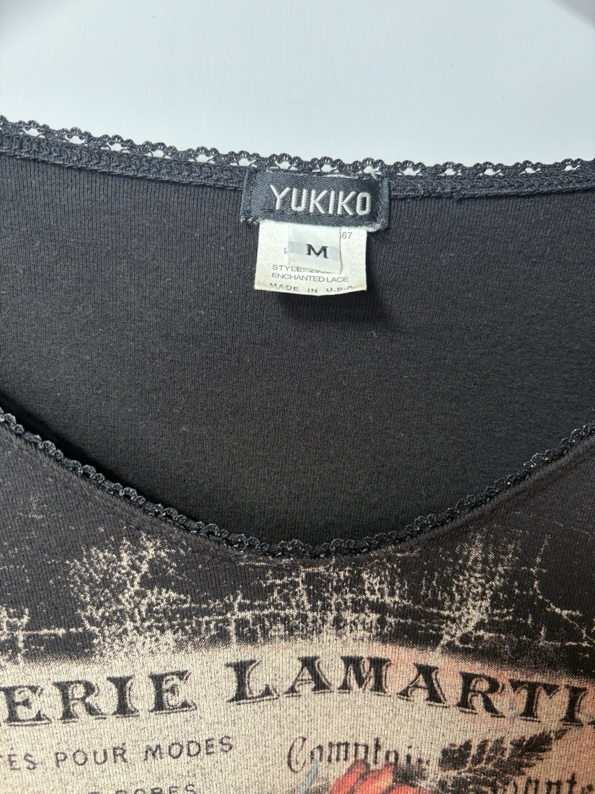 Yukiko Y2K Black Floral Paris Shirt Women’s Size Medium Enhanced Lace Jewels