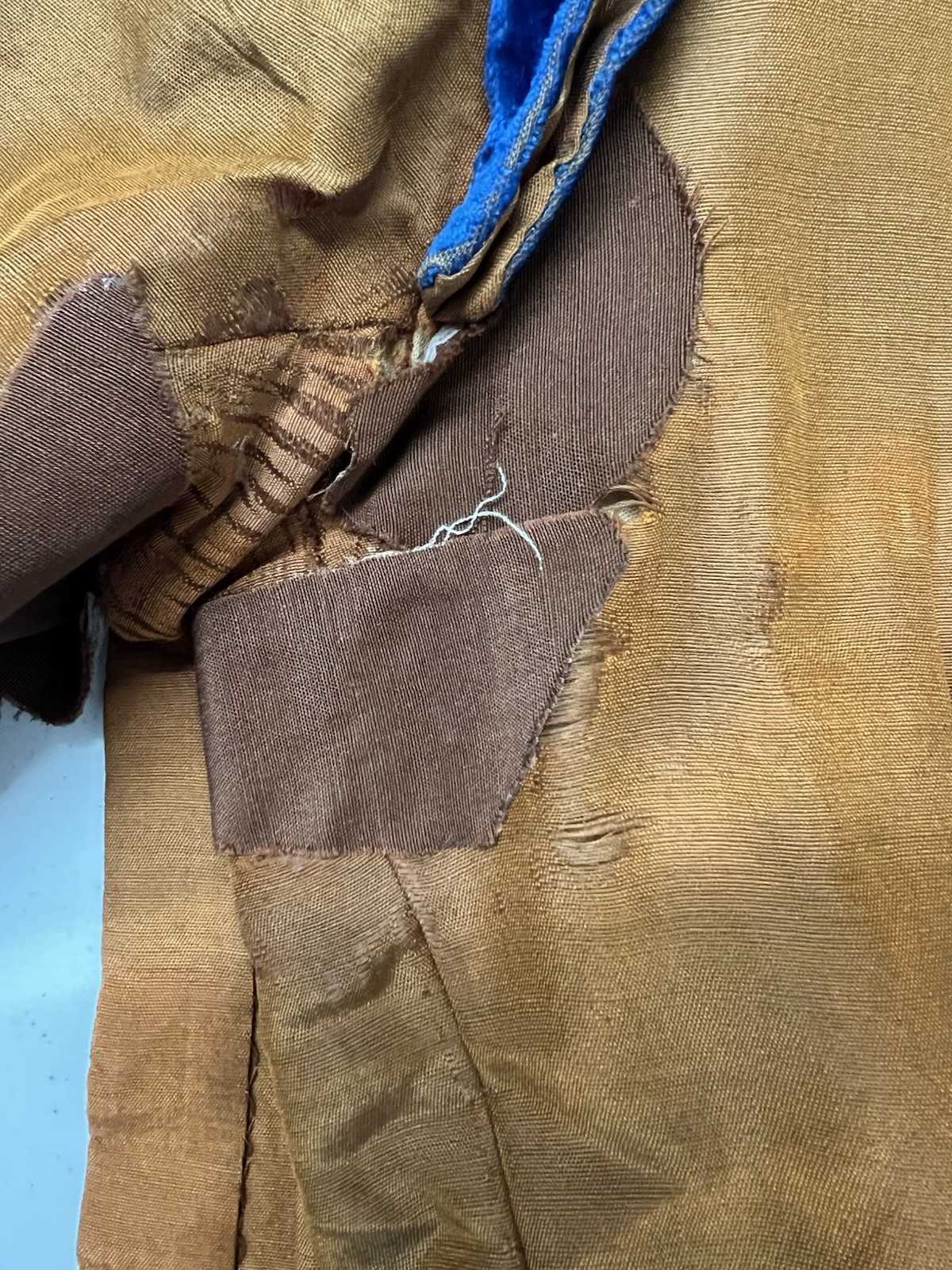 1870’s Copper Silk & Turquoise Velvet Bustle Day Dress
