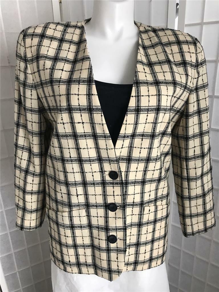 Women&rsquo;s Vintage Lloyd Williams 14 100% Wool Cream Black Checkered Blazer