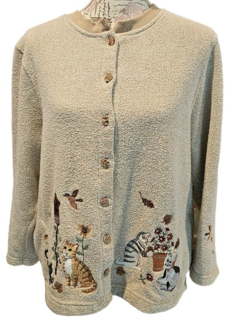 BonWorth Cardigan Sweater Large Petite LP Womens Cat Kitty Birds Stitched VTG
