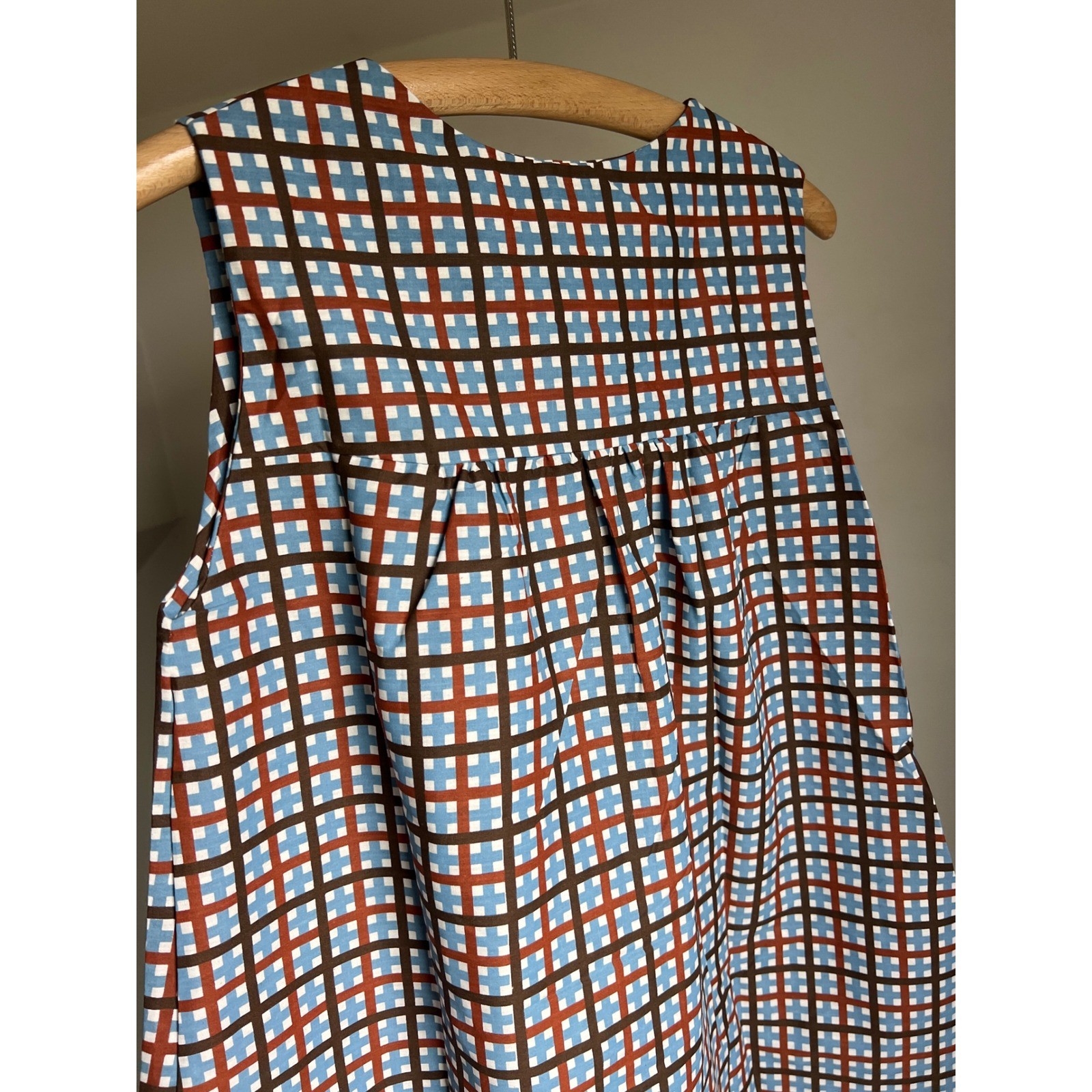 Vintage Plaid Midi Dress Mod MCM Geometric Sleeveless A-Line Muumuu House Coat