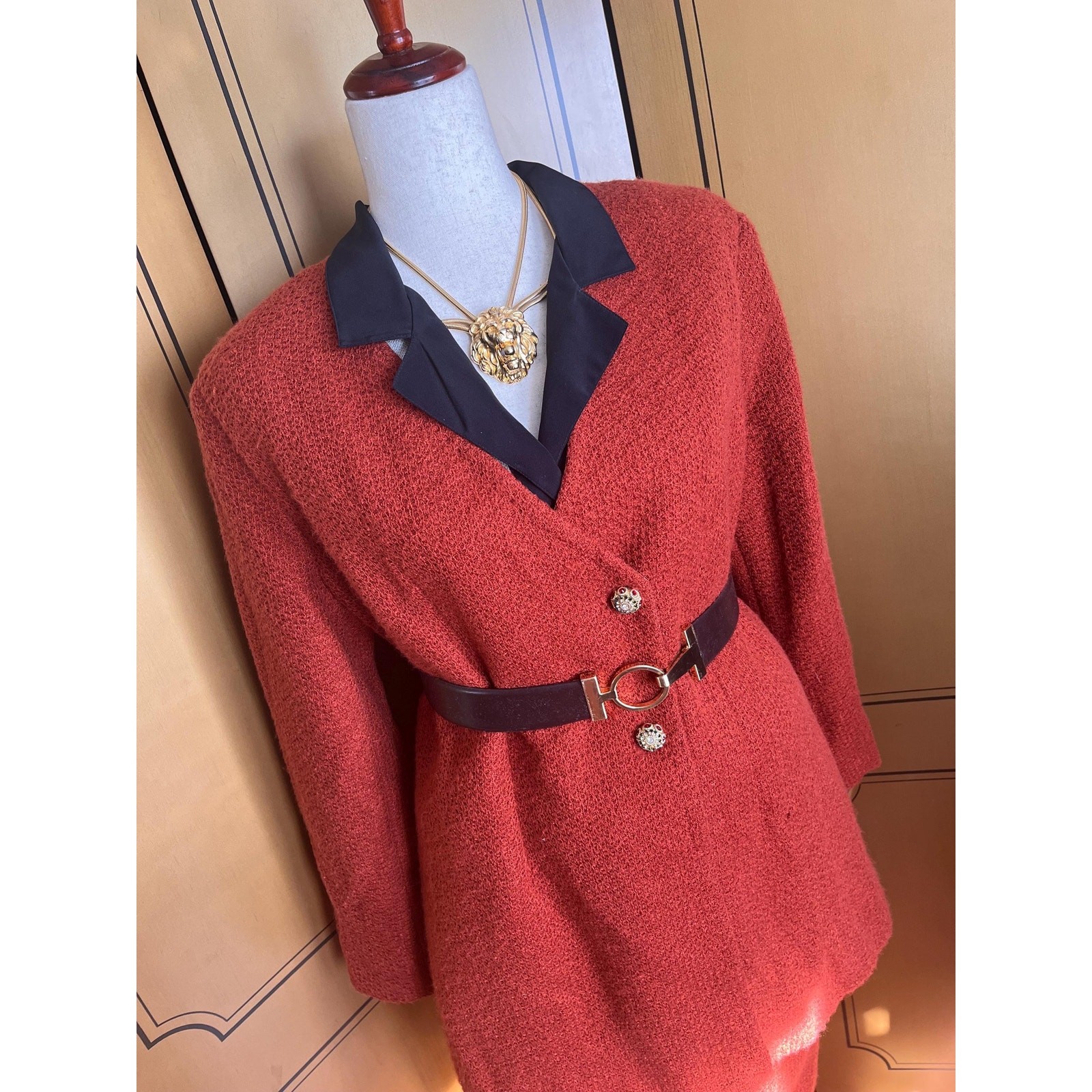 Handmade woolen pantsuit in rust, size 18
