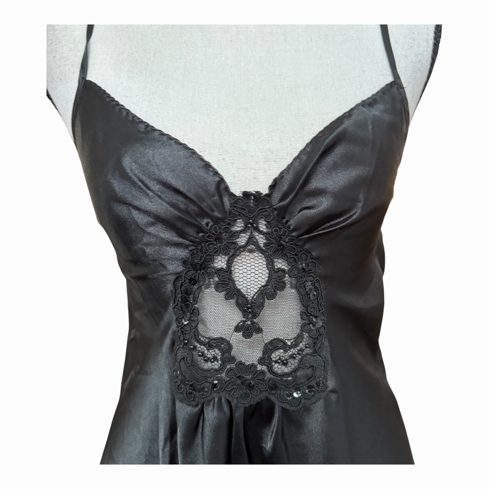 Vtg Black Satin Slip Dress Lace Sequin Cutout 90s Goth Coquette Chemise S USA