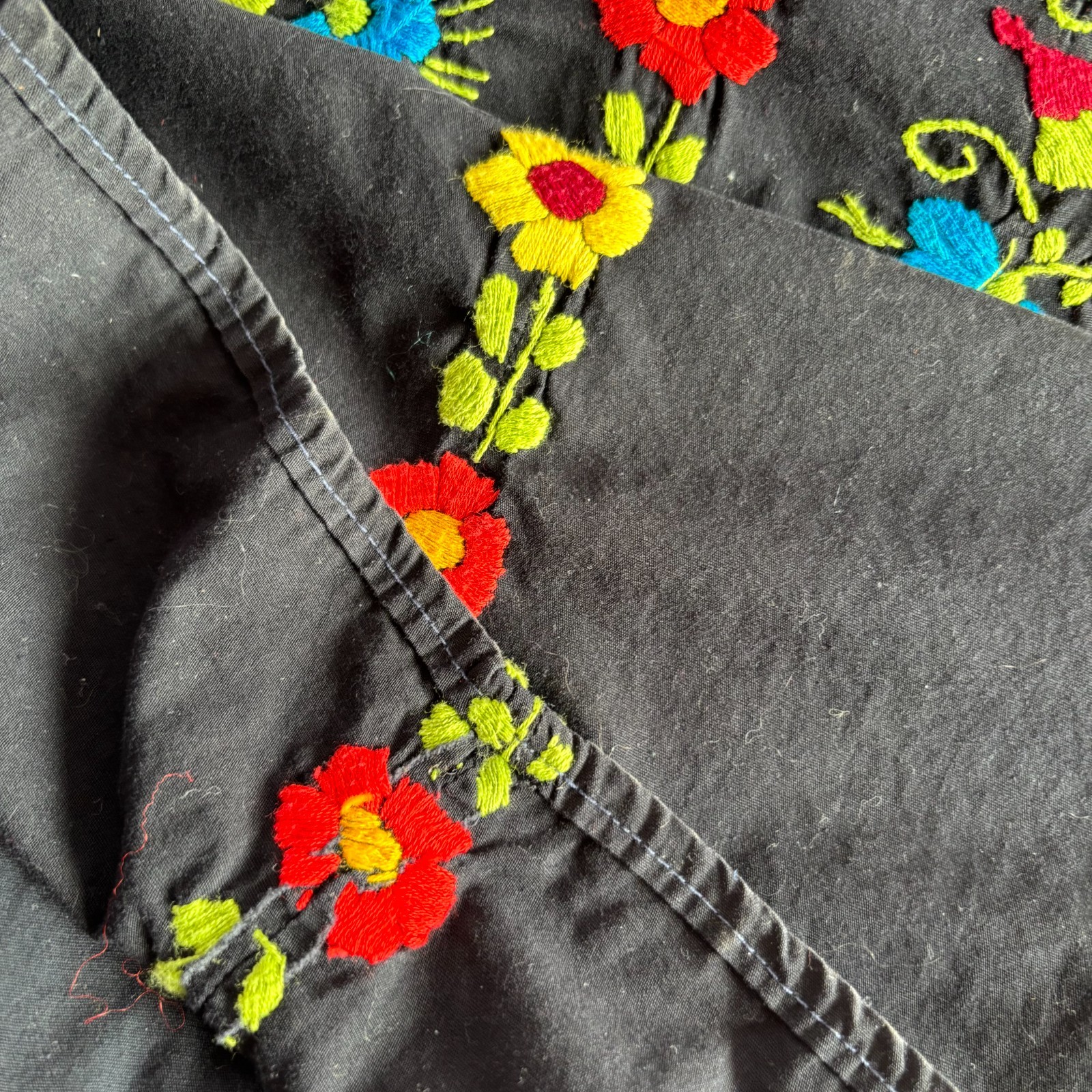 Vtg Black Cotton Colorful Floral Embroidered Mexican Oaxacan Maxi Dress Small