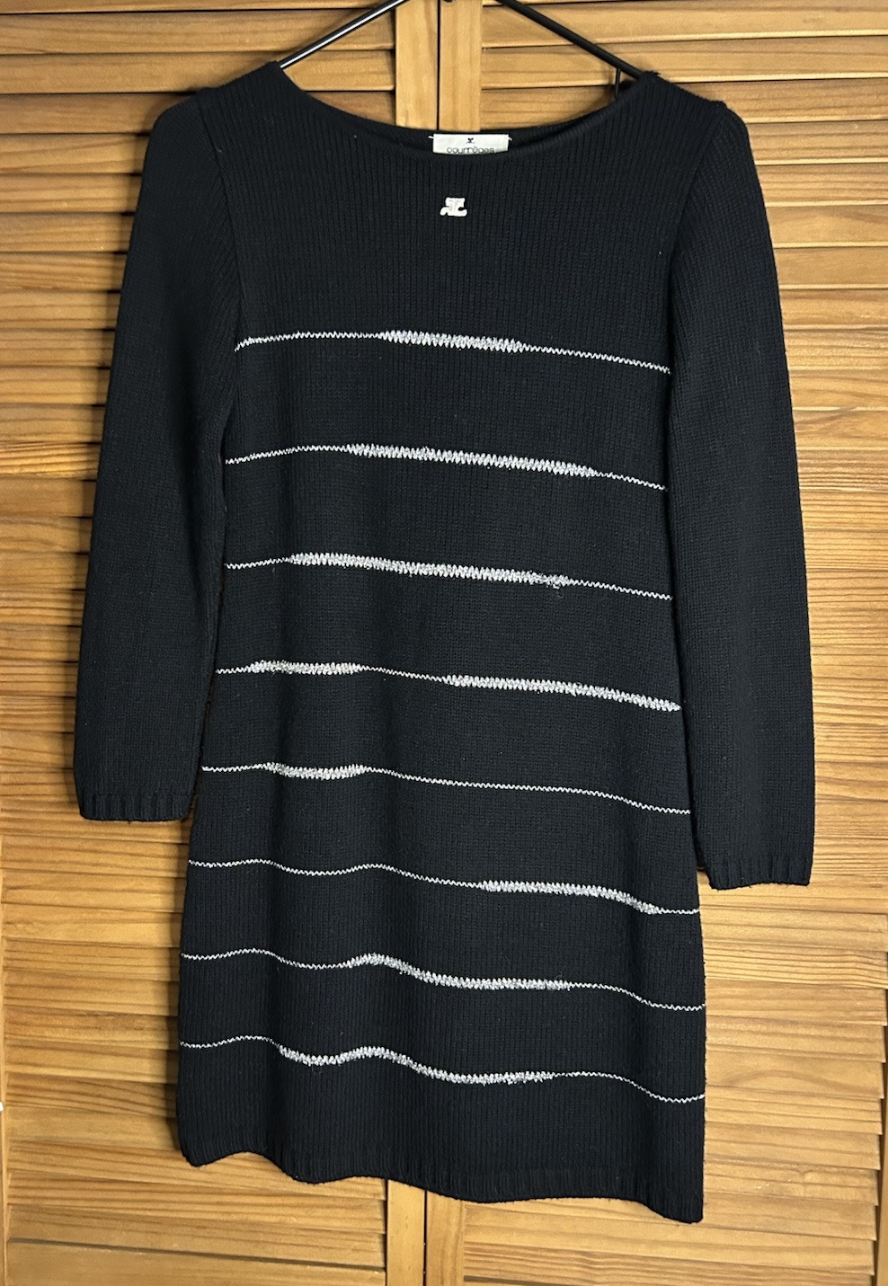 Vintage Courreges Paris Wool Blend Dress Black Mini Knit Size S