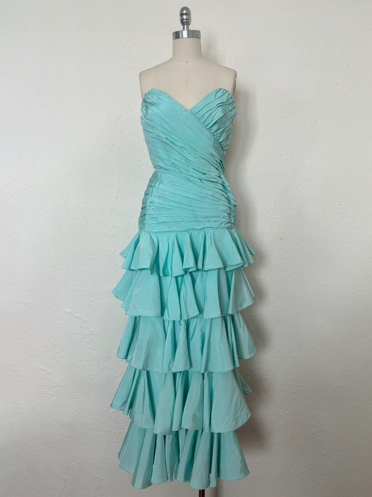 1980s Aqua Ruffled Strapless Evening Dress by Lillie Rubin, Small to Medium