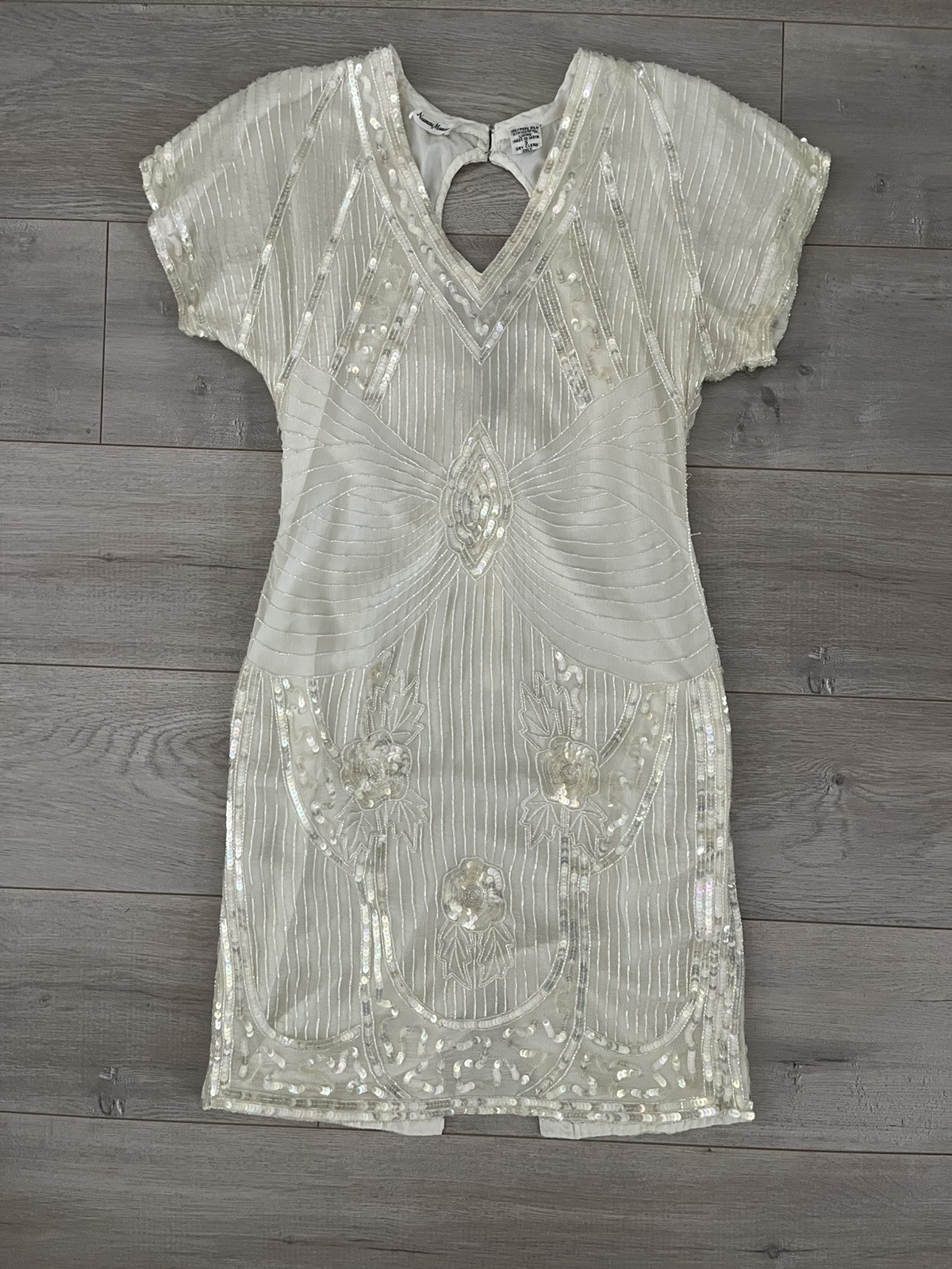 Womens Vintage Silk NEIMAN MARCUS Ivory Art Deco Cocktail Party Sequin Dress, S