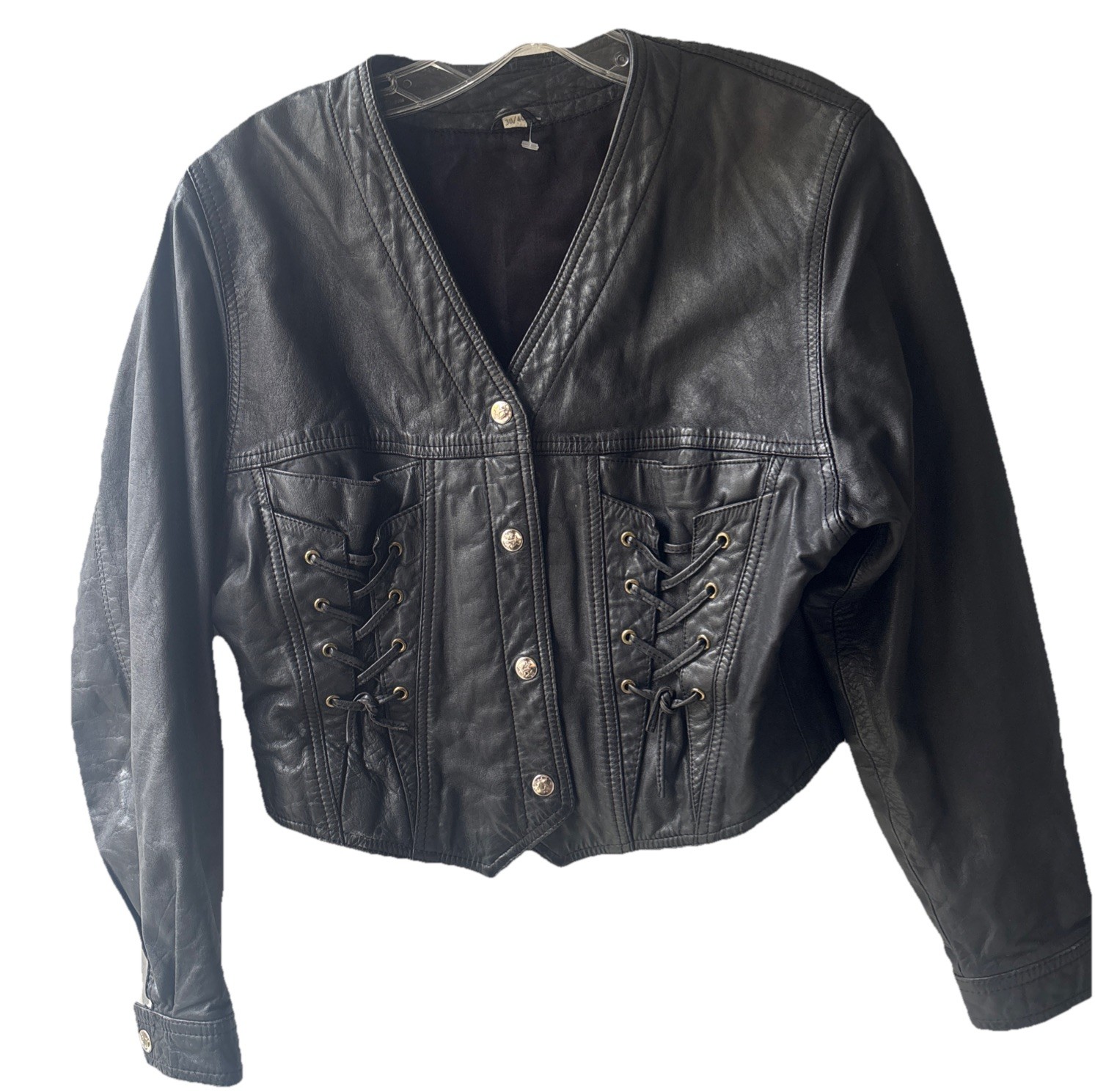 Vintage80s/90sBlack leather CroppedJacket Snap Buttons Size38/40 Lace Up Details