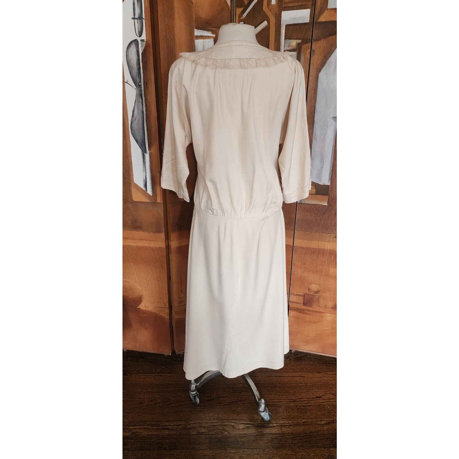 Vintage 80s Cream Silk Dress Lace Trim Edwardian Style Norma Walters