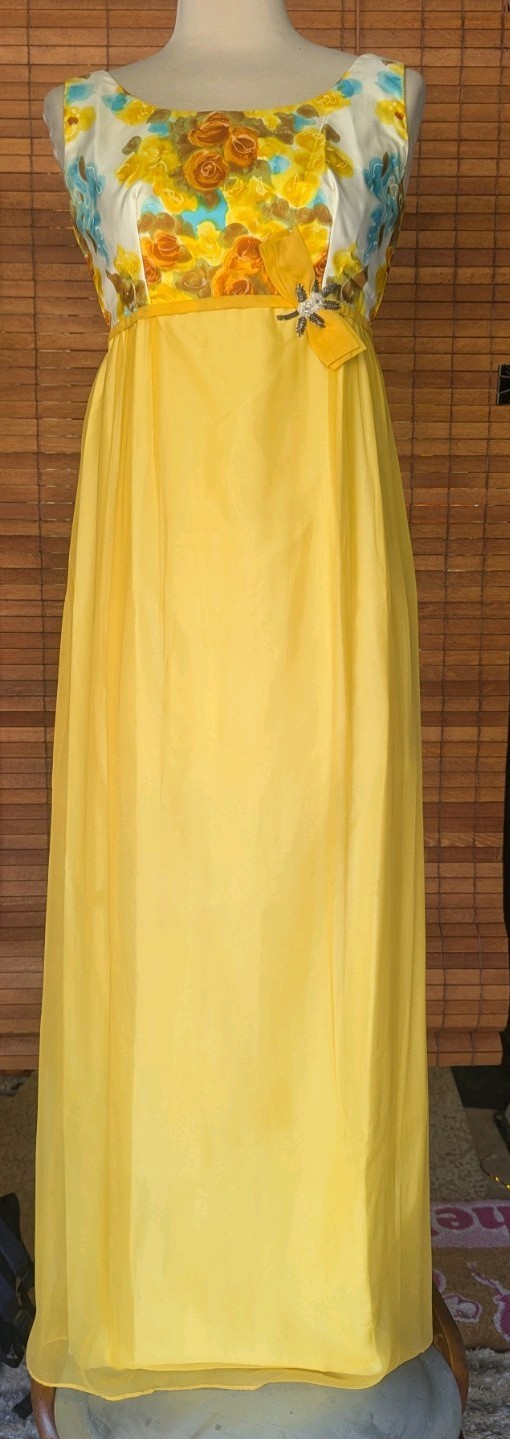 Vintage 1960s Emma Domb California Yellow Floral Chiffon Empire Maxi Gown USA 9