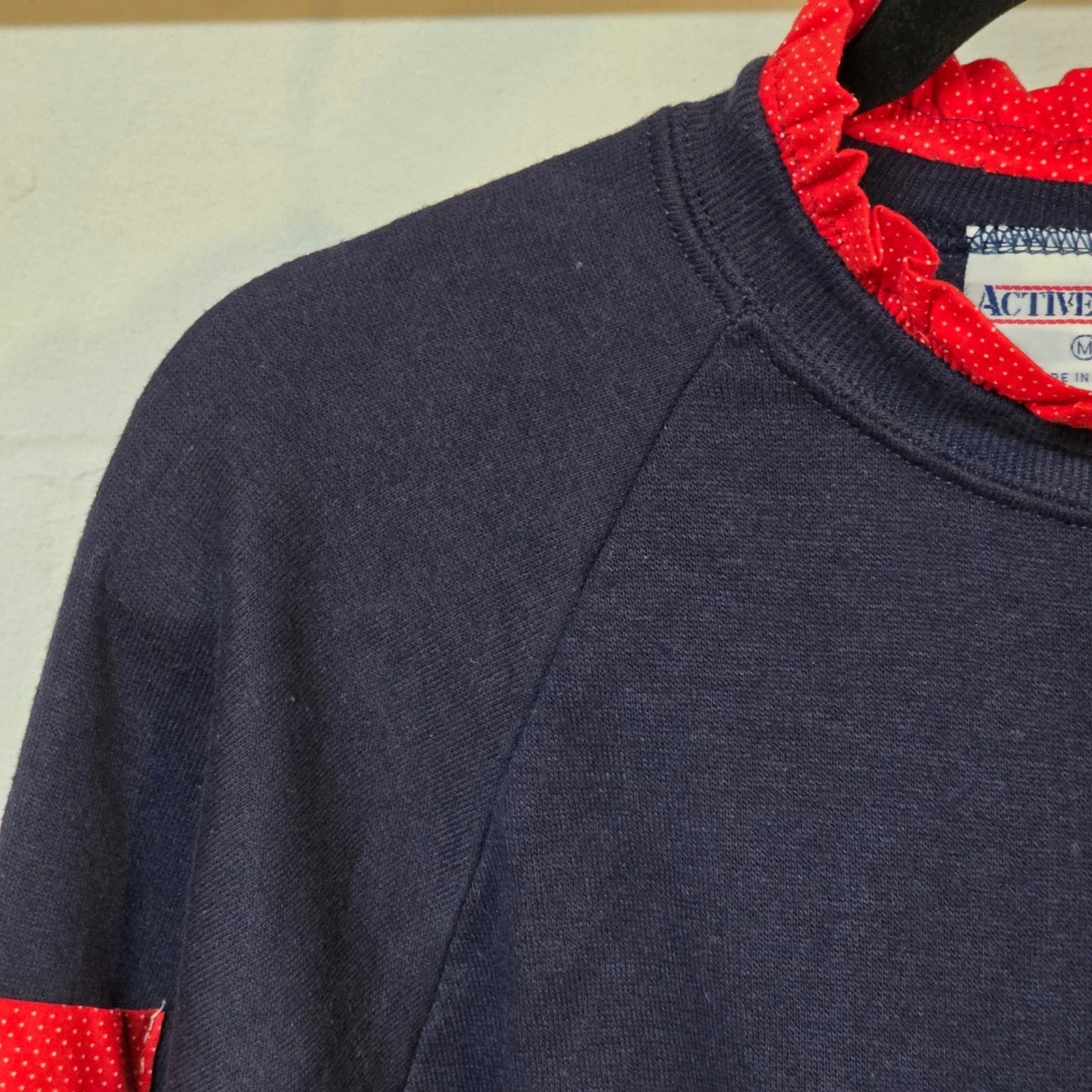 Vintage 80s Activewear Navy Blue Ruffle Collar Polka Dot Sweatshirt Women Medium