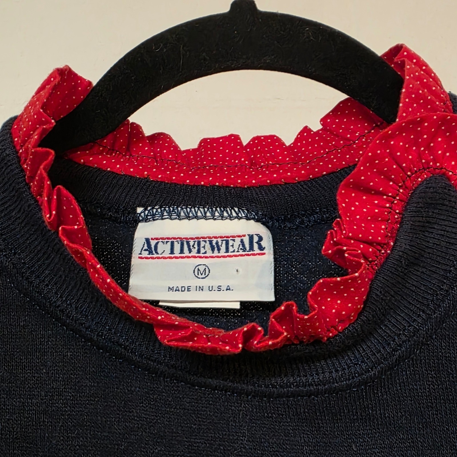 Vintage 80s Activewear Navy Blue Ruffle Collar Polka Dot Sweatshirt Women Medium