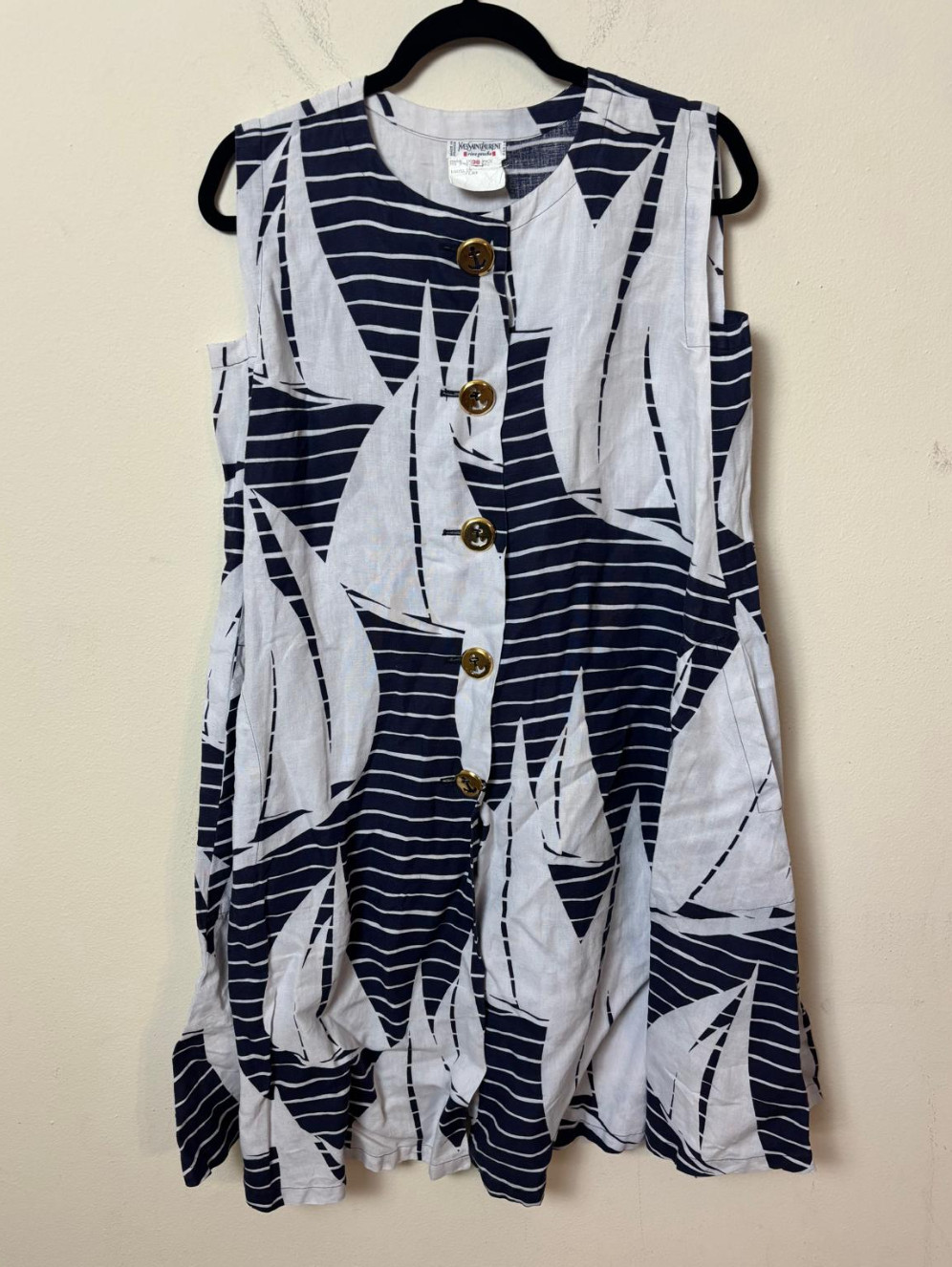 YSL Rive Gauche Vintage Linen Sailboat Print Dress, US 6, FR 38, 1992