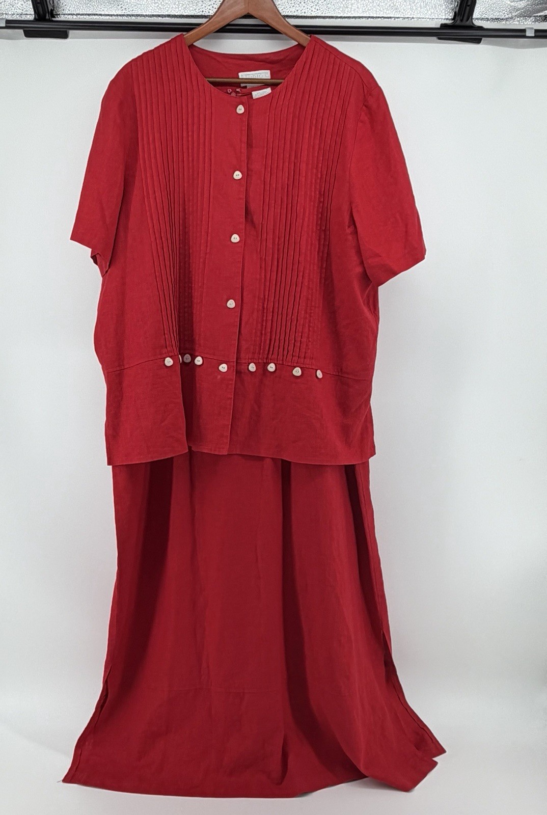 Vintage Studio C Plus 2pc Linen Blend Maxi Dress Blouse Set Red 22W 3X Pleated