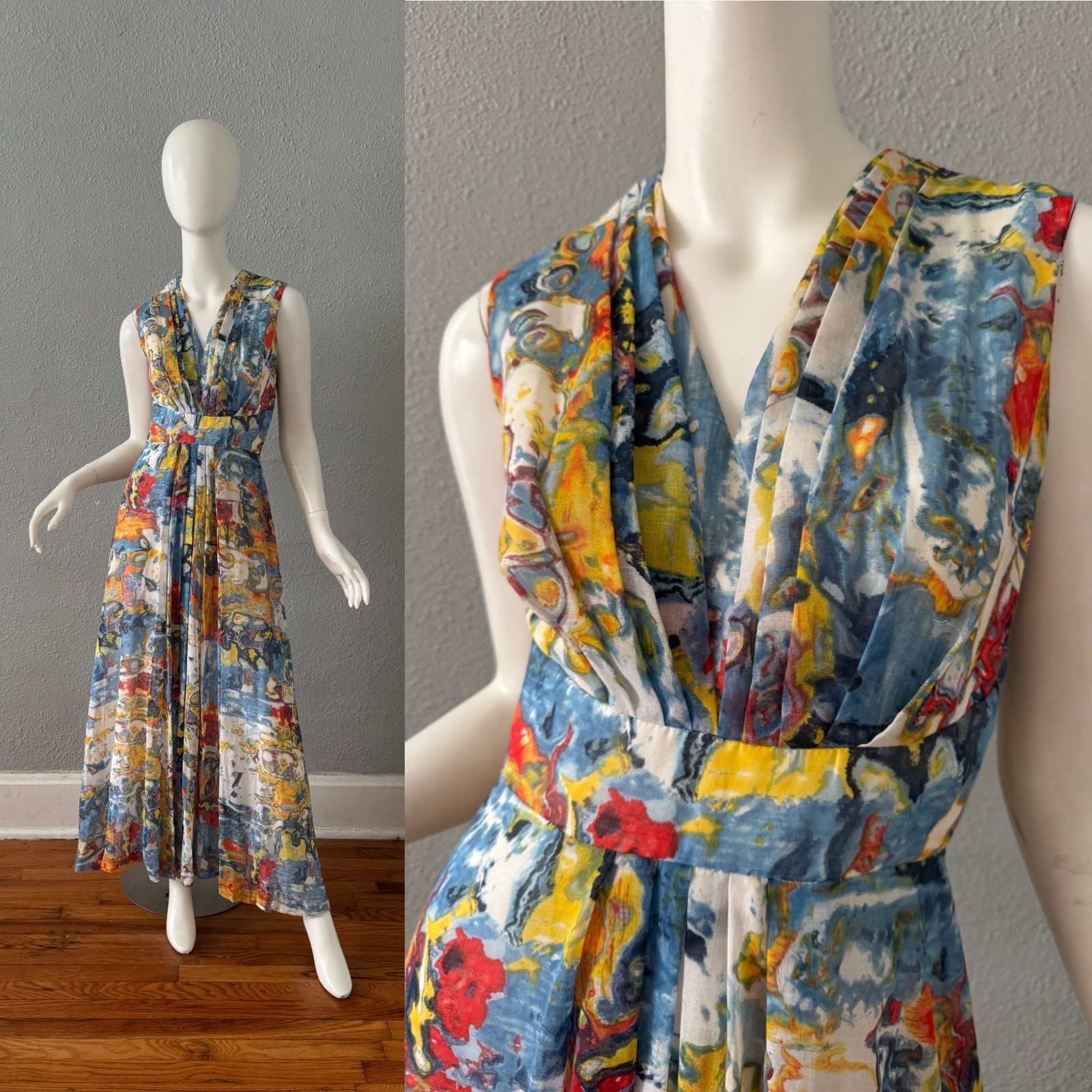 Vintage 60s Abstract Mod Boho Maxi Party Dress XS