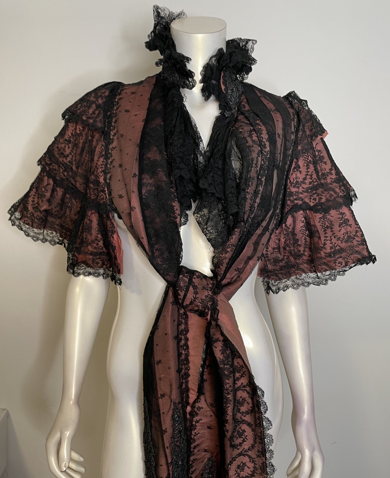 Antique 1800s 1900s Victorian Cape Pink & Black Chantilly Lace Beaded Ruffles OS