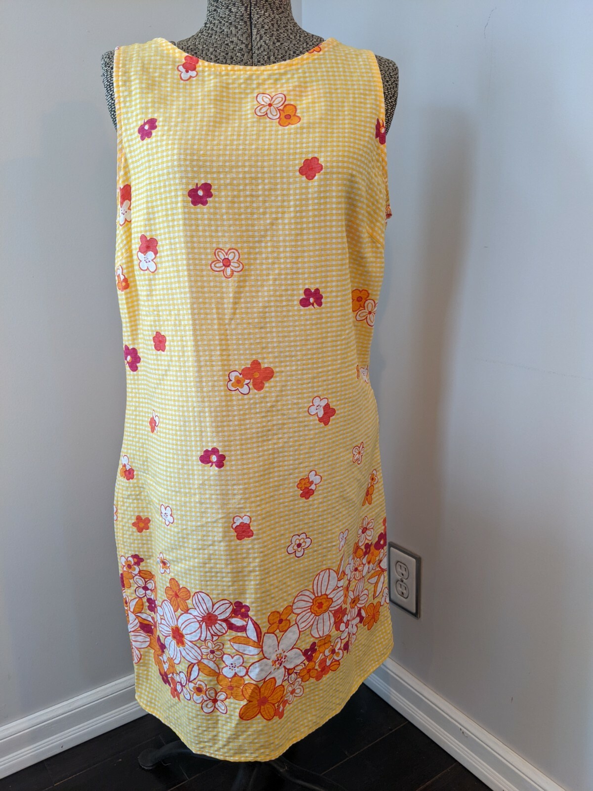 Vtg 70s California Concepts Dress Yellow Gingham Orange Flowers Sleeveless