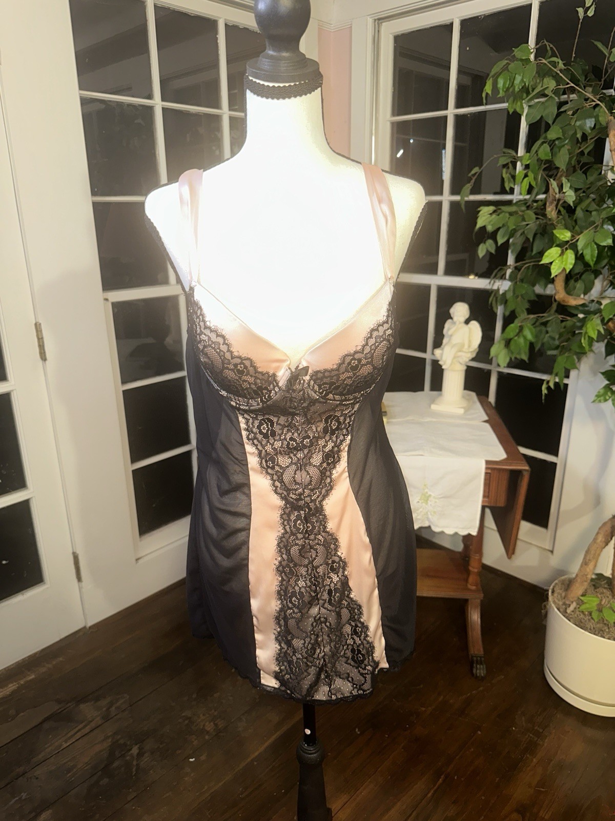 Vintage 90s Large Pink And Black Babydoll Negligee Nightgown Lingerie Lace Sexy