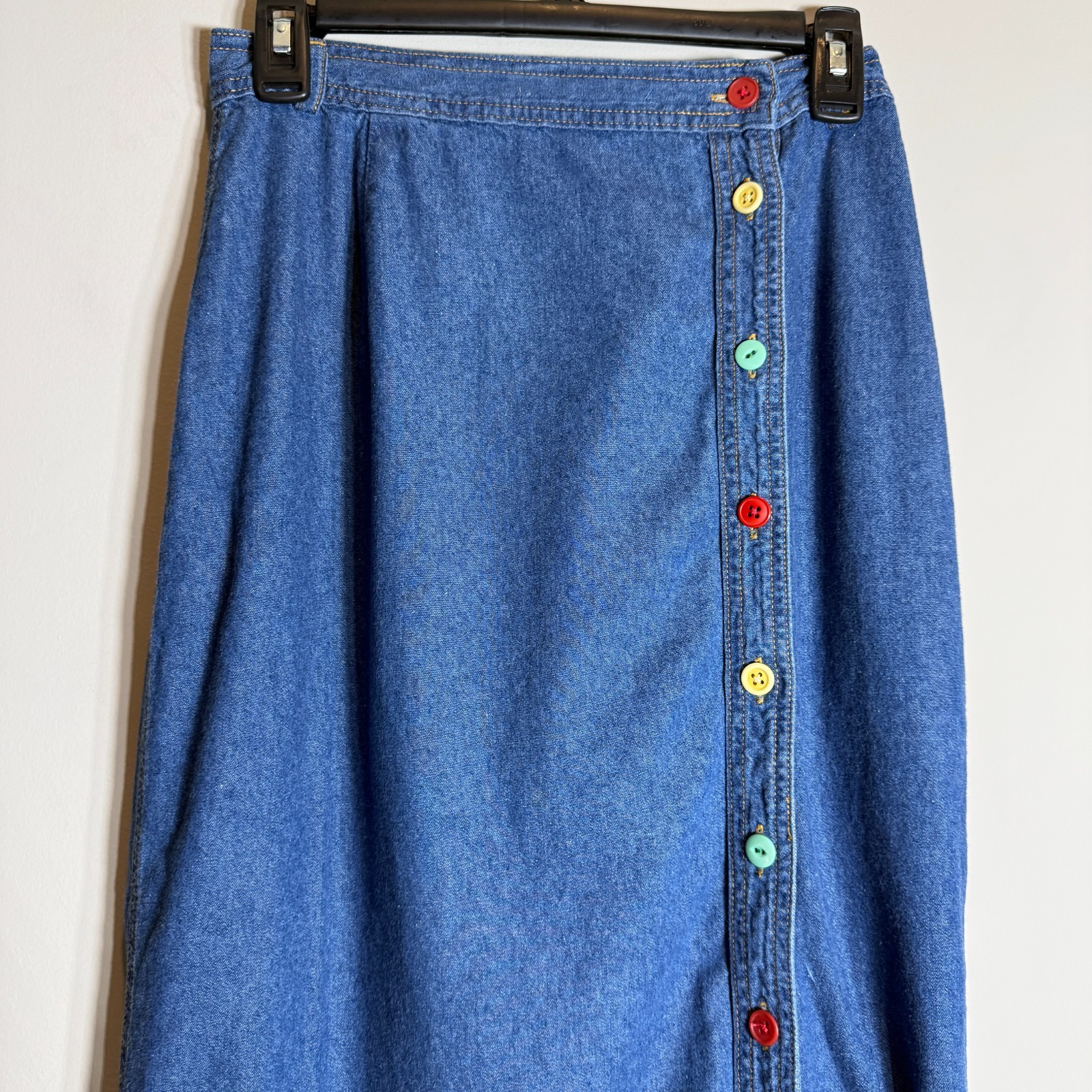 Vintage 100% Cotton Denim Button Up Maxi Skirt Women&rsquo;s 8 Colorful Twee Artsy 90s