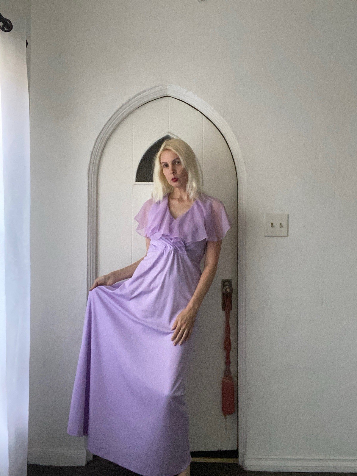 Vintage 70s Sheer Poly Lavender Sleeveless Flutter Cape Maxi Dress S/M