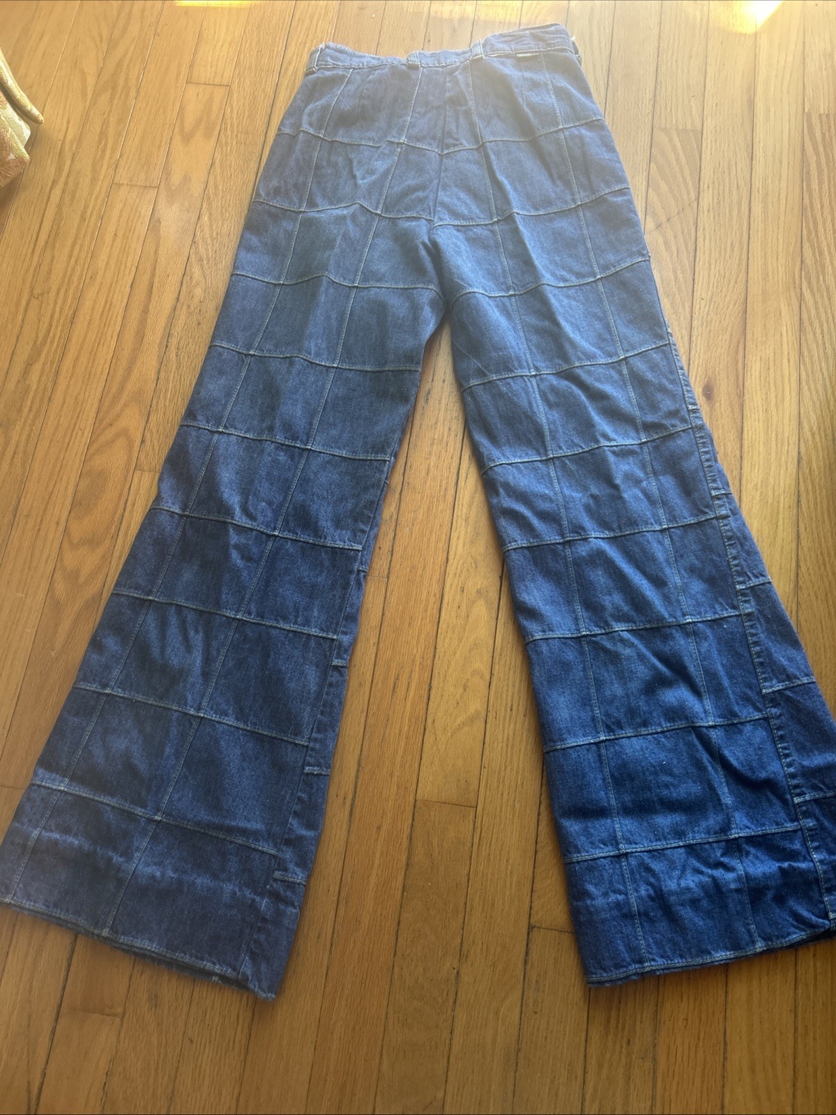 Vintage 70s Maverick Patchwork Windowpane Denim Bell Bottom Jeans Juniors 11/12