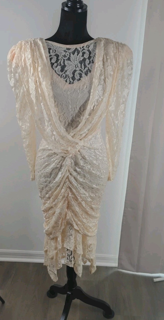 Vtg 80s A La Carte Lace Dress Griselda Sofia Vergara Cream Ruched Cocktail 5-6