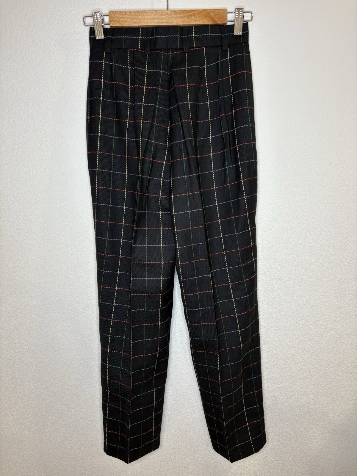 Vtg Mondi Black Plaid Wool Pants 25 Waist Gold Button Made in Germany 80s 90s