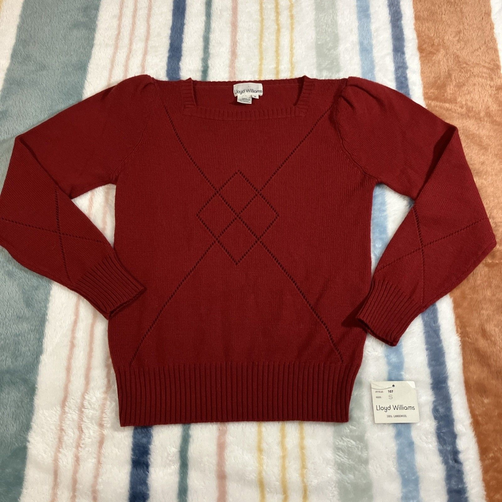 Vtg Lloyd Williams Sweater Womens Small Lambs Wool Argyle Puff Shoulder Vtg 715