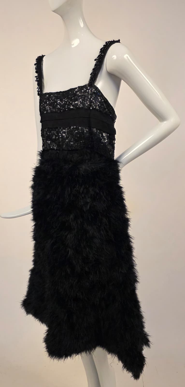 FLAPPER 1920’S SEQUIN TRIMMED DRESS W BLACK OSTRICH FEATHER SKIRT 