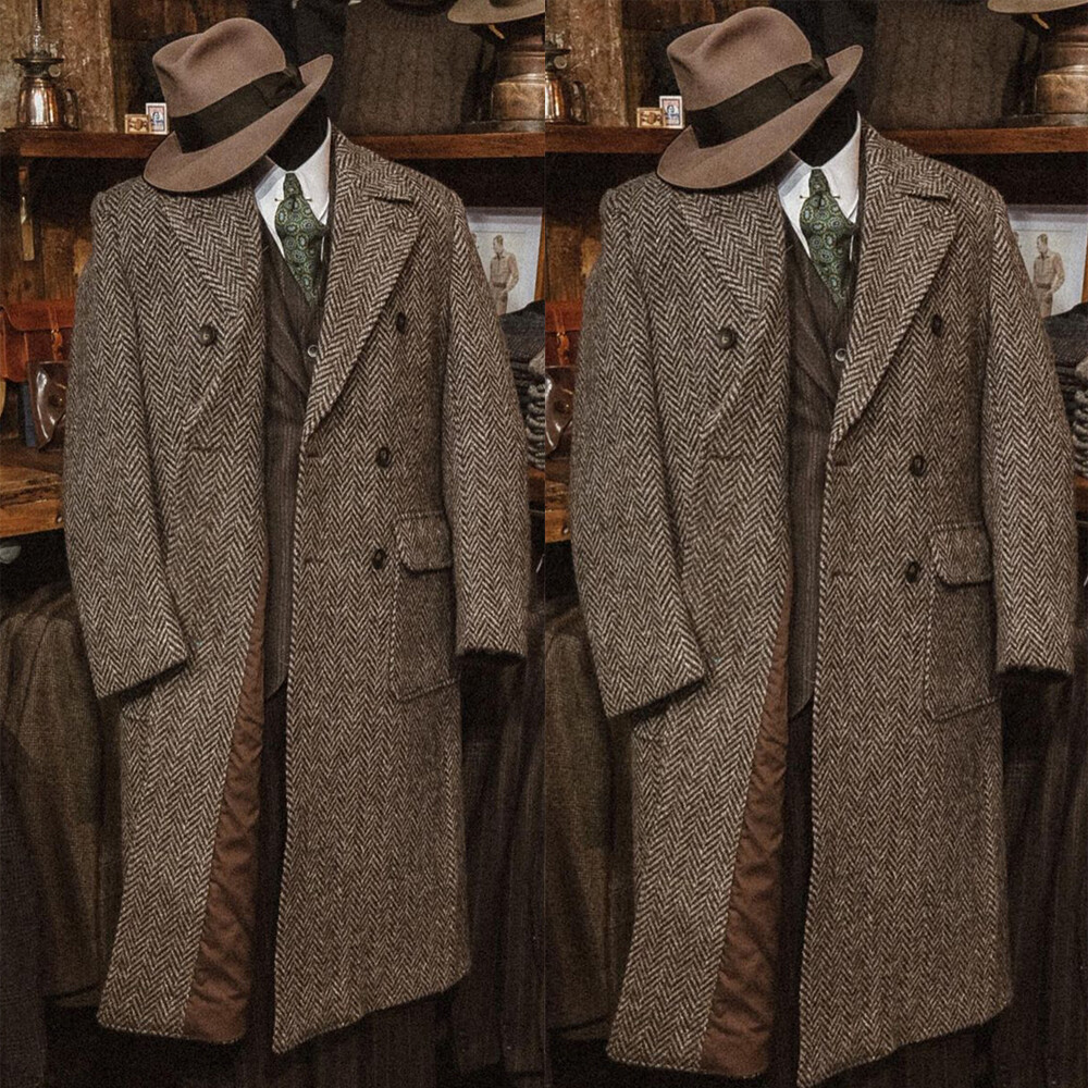 Herringbone Men Long Overcoats Brown Tweed Business Double Breasted Outdoor Wear