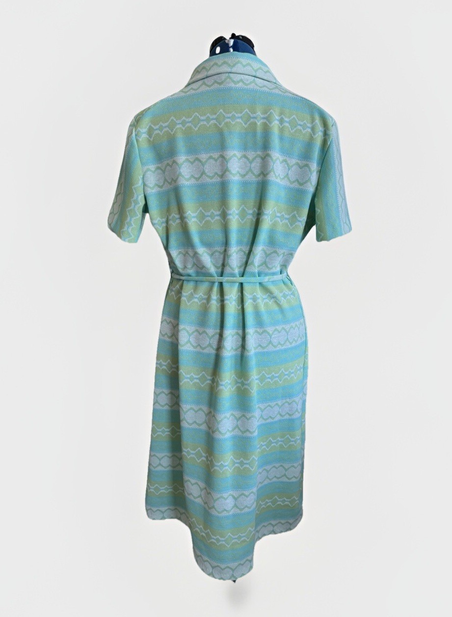 Vintage 70s Mod Shirt Dress Blue Green Stripe Belt Zip Knit Retro Diner Granny