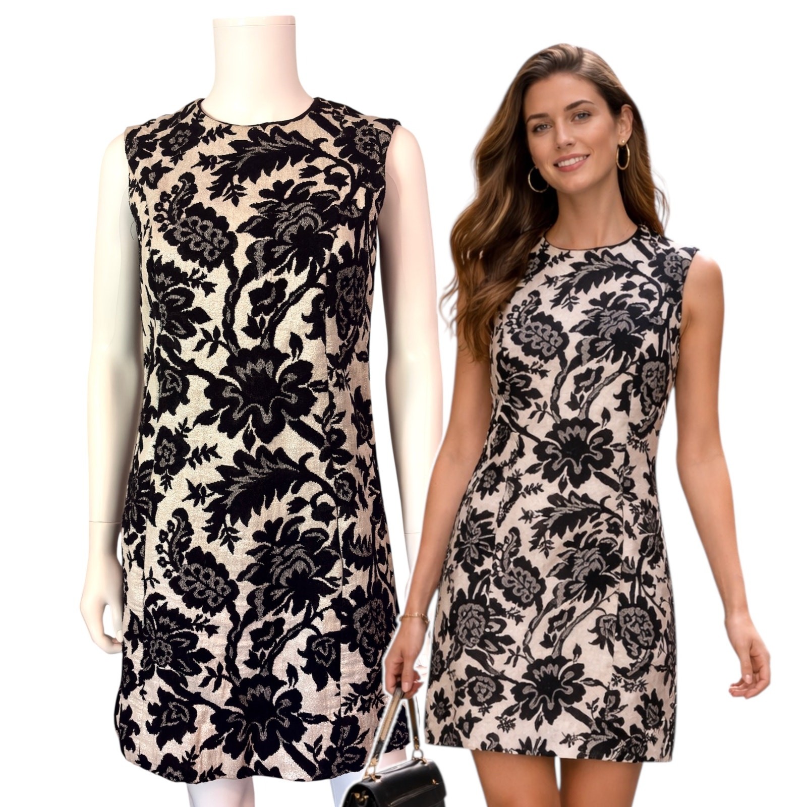 Vtg Joseph Magnin Tapestry Sleeveless Shift Dress Medium White Black Floral 60s
