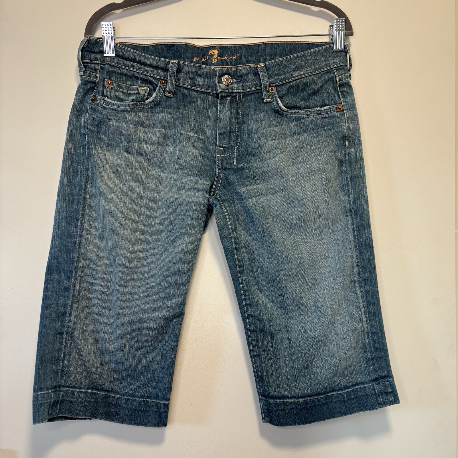 Vintage 7 For All Mankind Blue Denim Long Jean Dojo Shorts Women Size 30