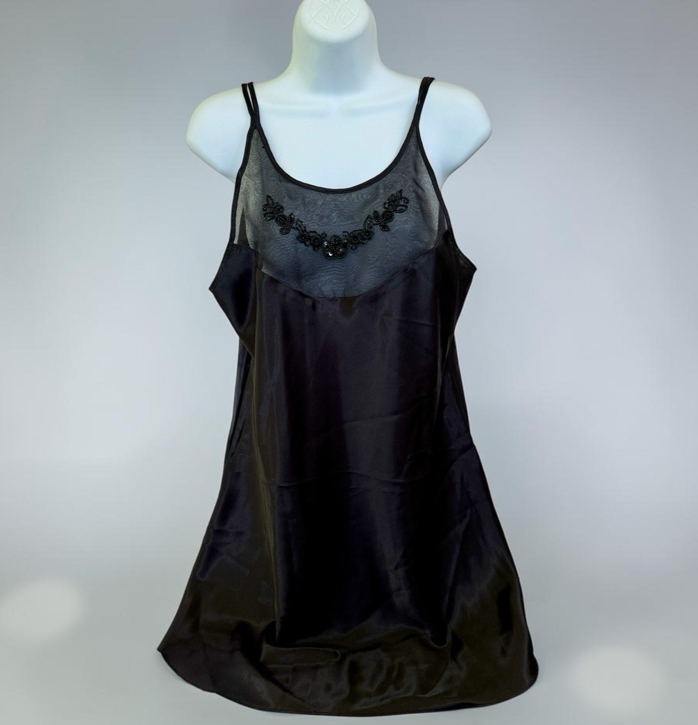 Vtg Inner Most Black Chemise Slip Dress Large Nightgown Sheer Beaded Dark Fairy