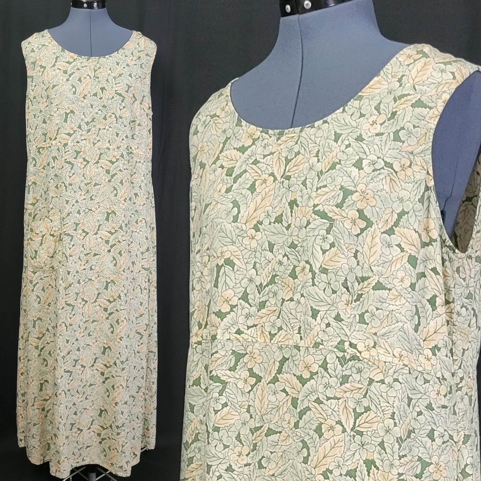 Vtg Coco Bianco Muted Green & Peach Floral Raised Waistline Shift Dress Size 16