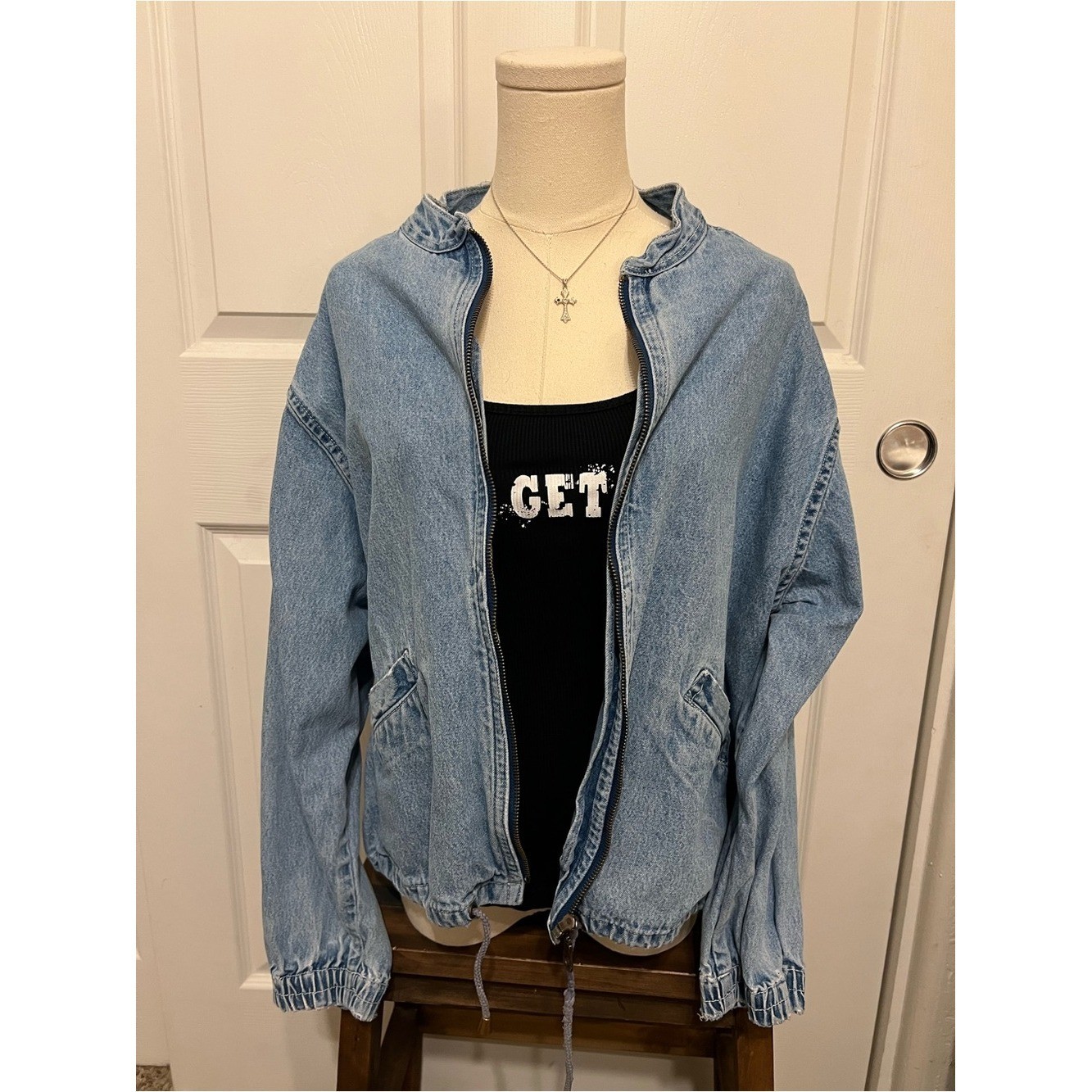 vintage light blue denim bomber jacket
