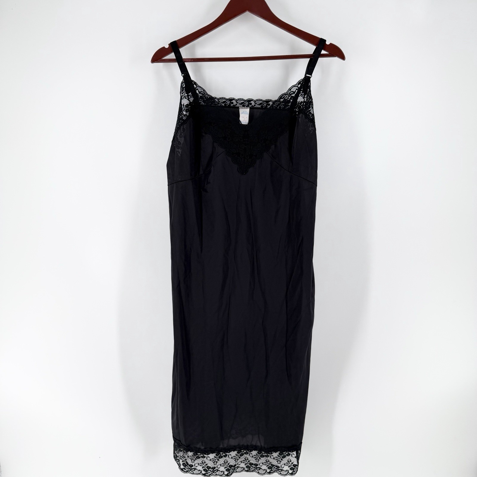 Vintage Perfectform Black Nylon Full Slip 44B XL Lace Antron III Made in USA