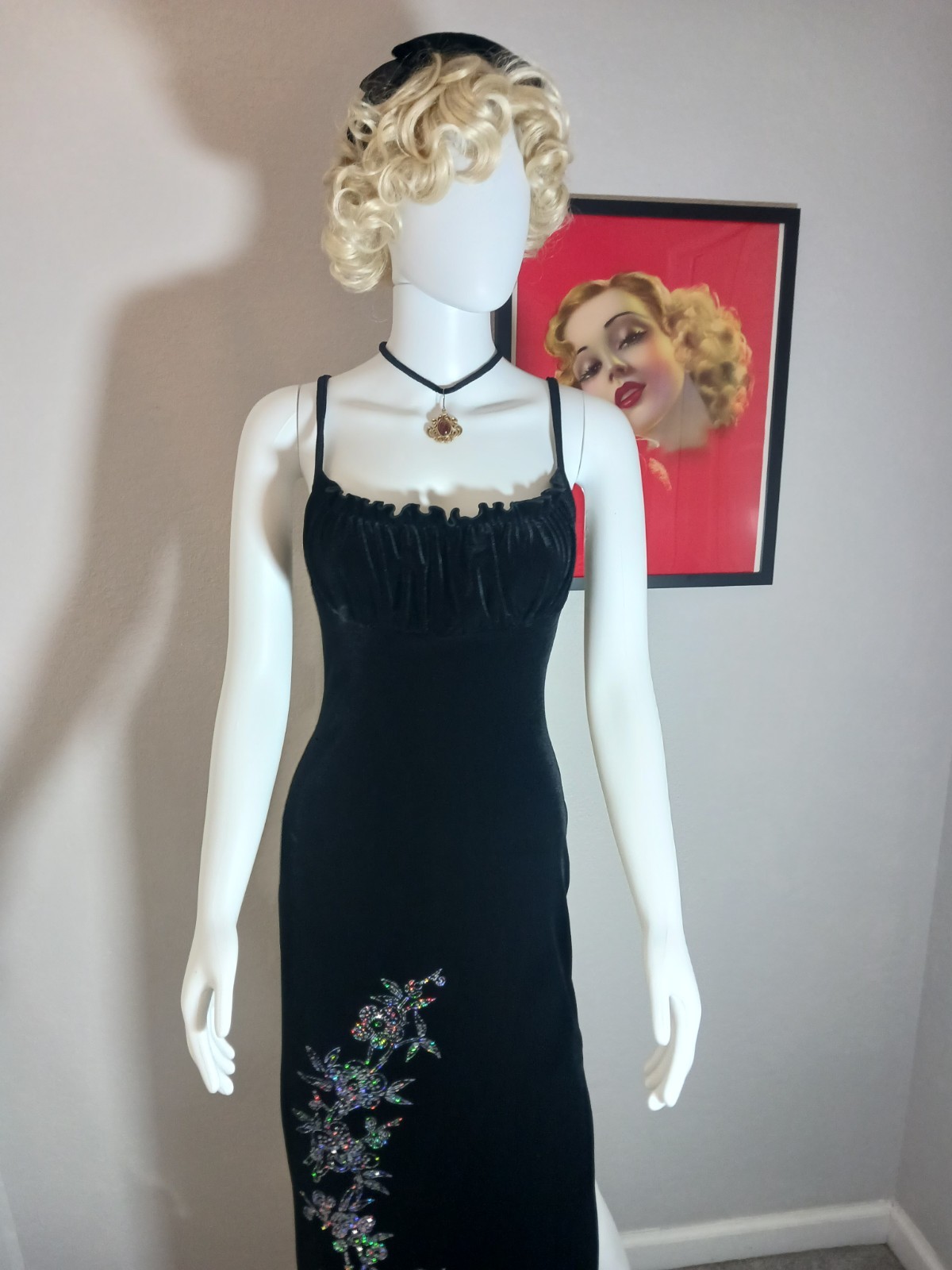 Status Collection VTG 90s Y2K Black Velvet Glitter Evening Gown gathered bust S