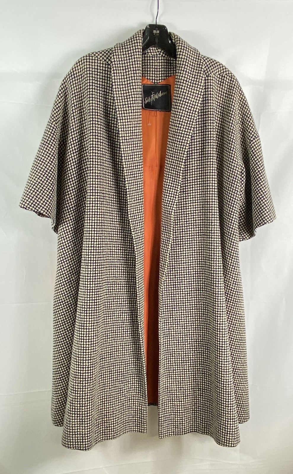 Vintage 60s Saks Fifth Avenue Grid Check Opera Coat Orange Lining Sz L