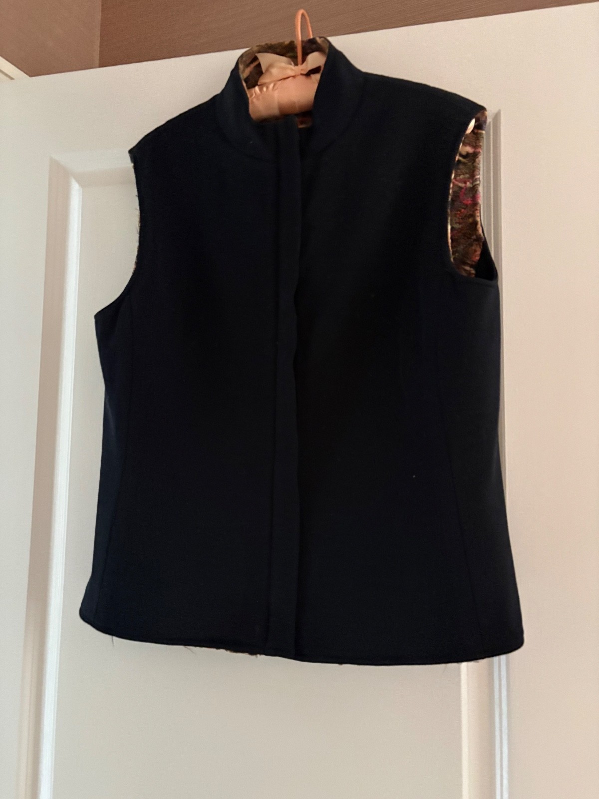 Vintage Reverseable Vest, Black / multi colored designed felt, zipper, 2 pockets