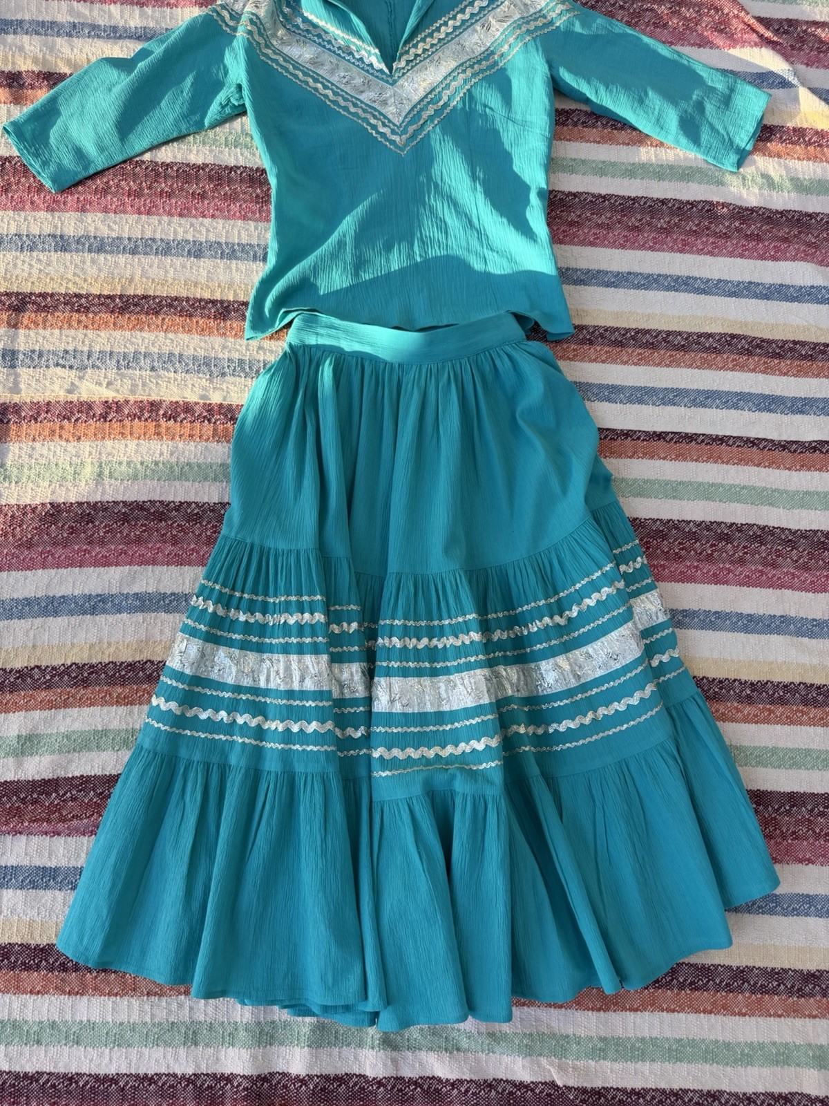 Vintage 1950s Western Patio Fiesta Dress 2Pc Ric Rac Circle Skirt Crinkle Cotton