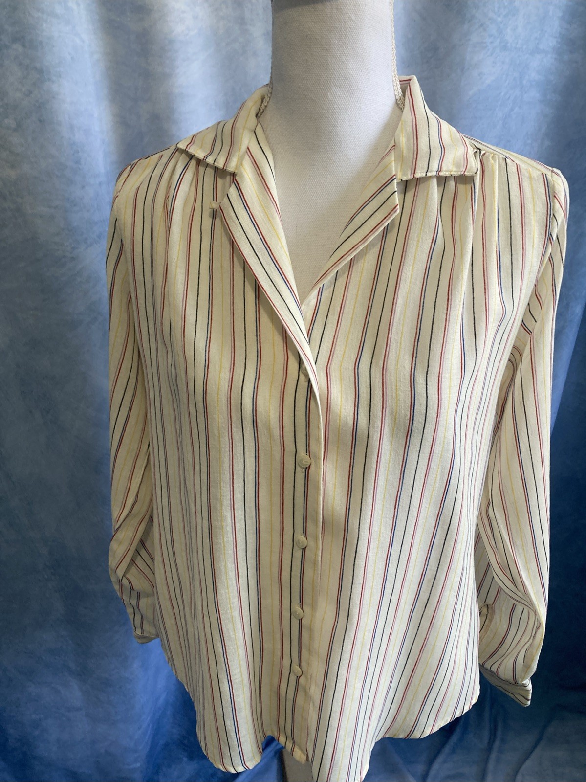Vtg 70s SHAPELY Striped Blouse Sheer Dagger Collar Secretary Mod Disco Top Sz 12