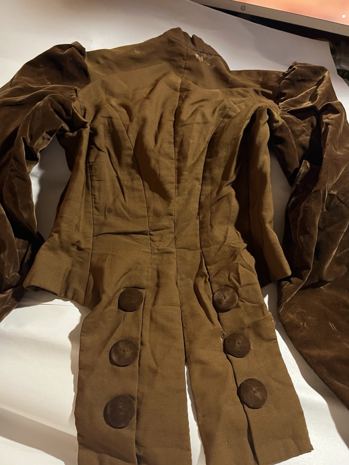 Antique Edwardian Boned Waist Jacket Velvet Trim & Puff Sleeves-Smocked-Coattail