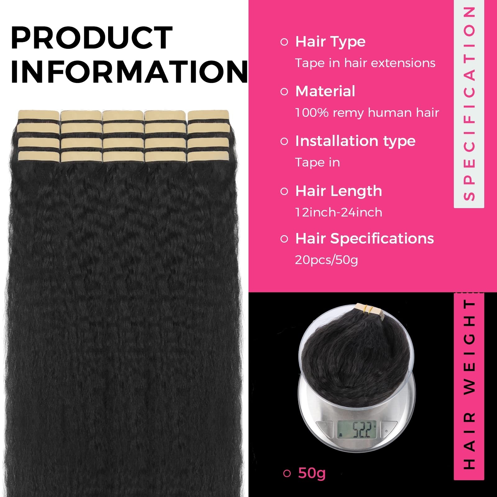 Lashey Tape in Hair Extensions Human Hair Natural Black 14 Inch 50g 20pcs