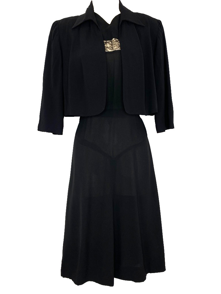 Vintage 1940s black midi dress set M short sleeve jacket rayon lace