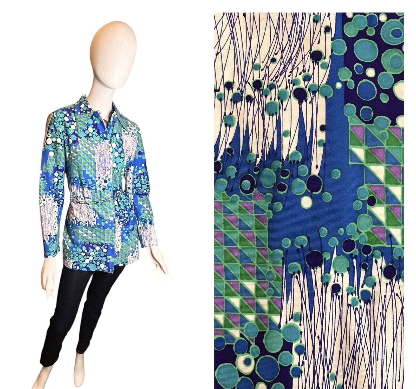 Vintage 70s Stockton Mod Blue Dagger Collar Blouse Size Vintage 14