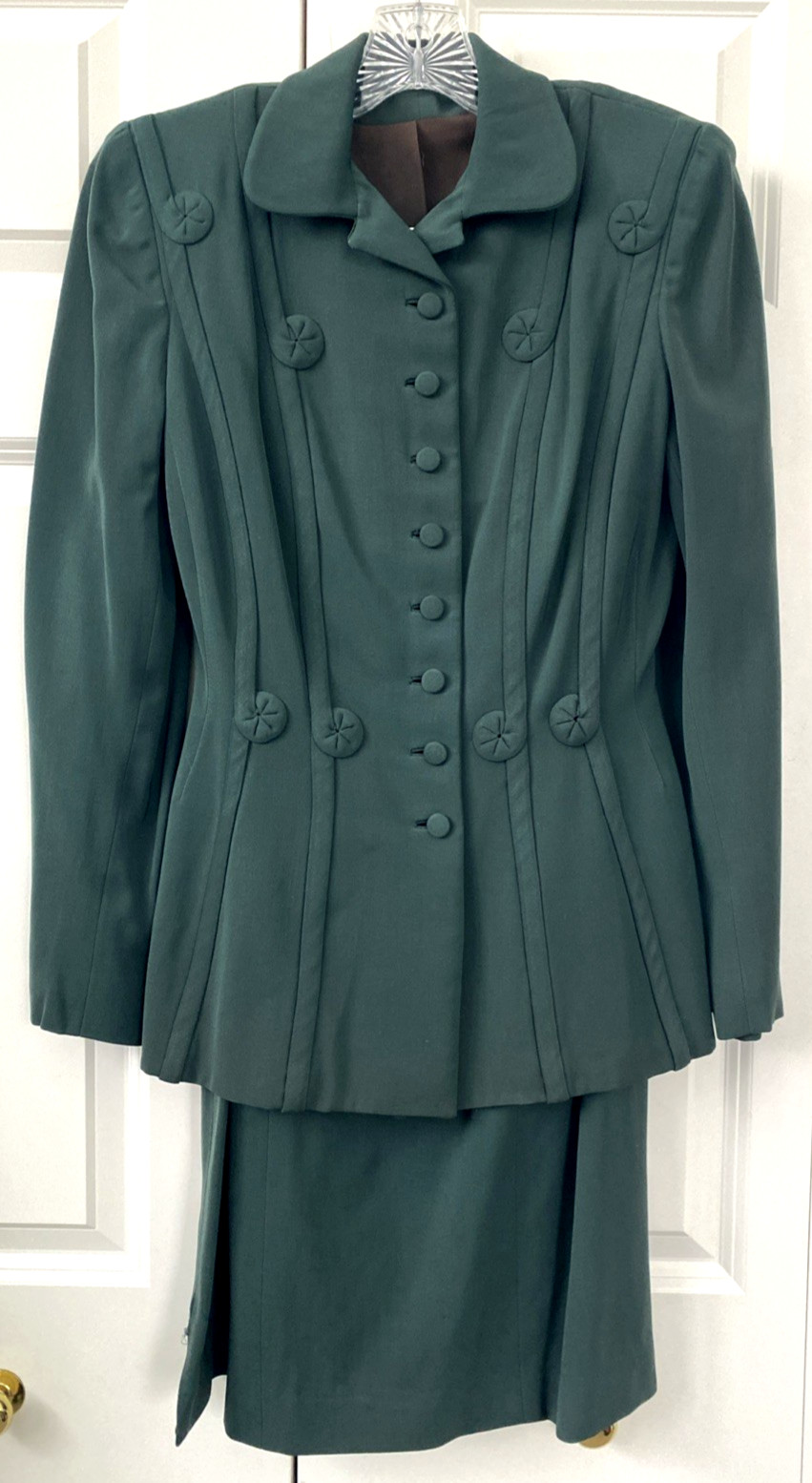 Vtg 40’s FORSTMANN Green Wool Gabardine Nipped 27&Prime; Waist Suit Jacket Skirt RARE