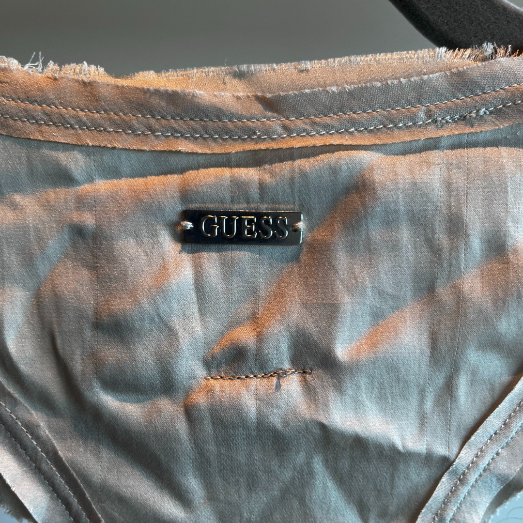 Guess Light Beige Cropped Vest, Distressed Sequin Bead Accent, Raw Edge, Medium